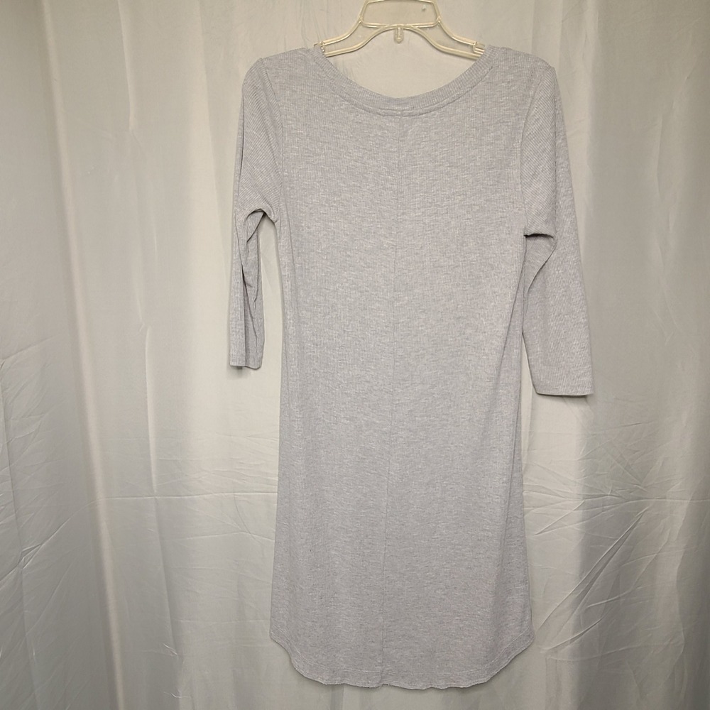 Simple Pleasures Ribbed Knit T-Shirt Dress Womens L Gray 3/4 Sleeve Curved Hem - Picture 2 of 8